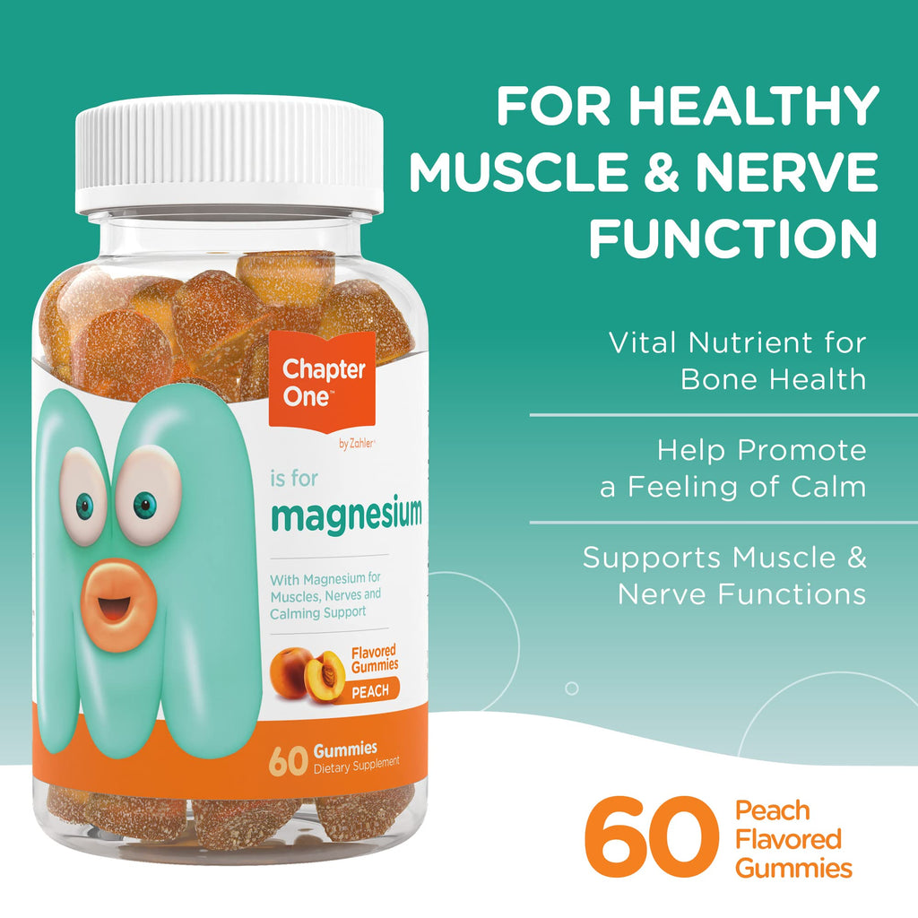 Chapter One Magnesium Gummies, Great Tasting Magnesium for Kids, Calm Kids Magnesium, Magnesium Gummies for Women and Men, Certified Kosher (Peach)