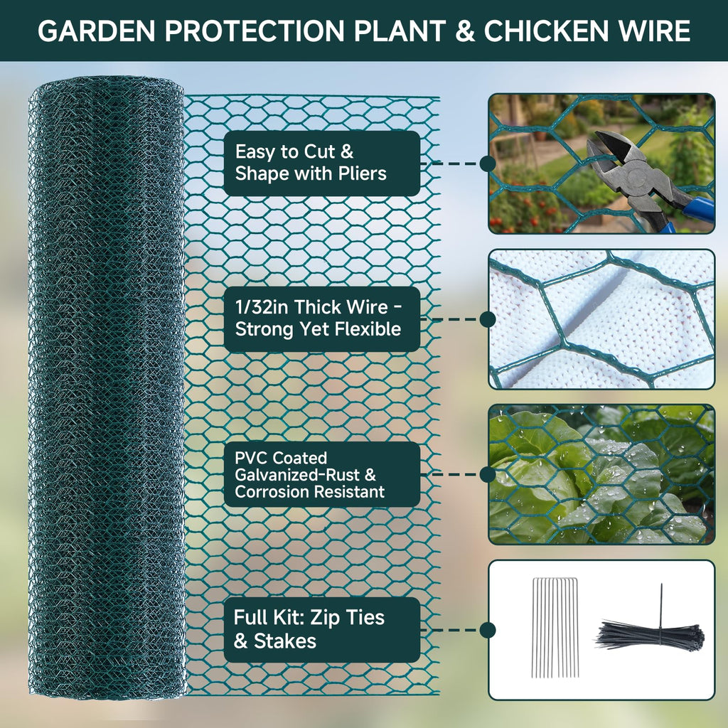 16in X 49.2Ft Chicken Wire Fencing Plant Protectors from Animals Green Roll