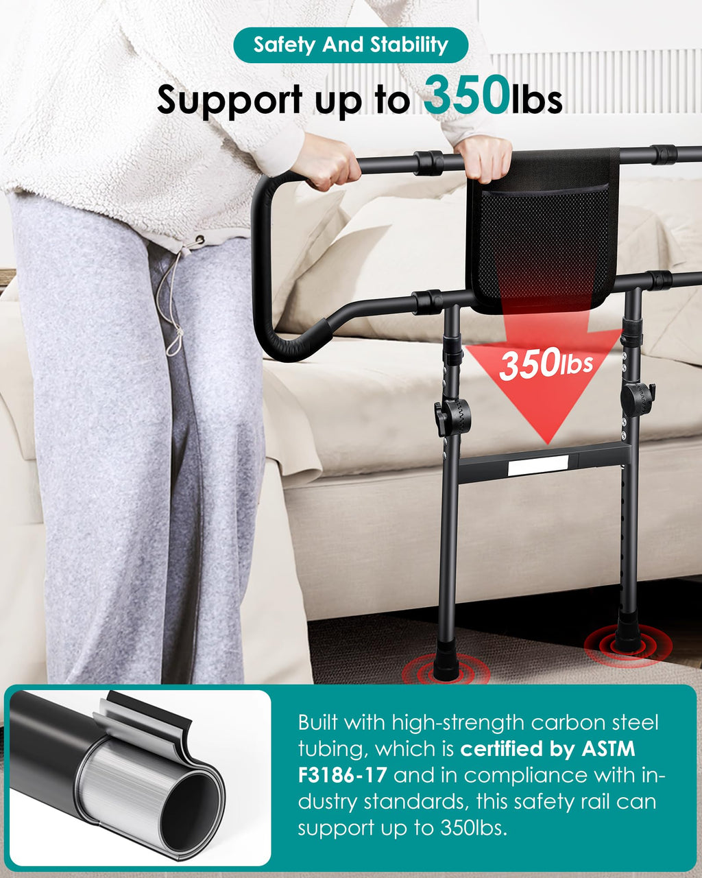 AMOVO Bed Rails for Elderly Adults Safety - Foldable Bed Assist Rails for Seniors Bed Side Grab Bar with Sensor Light, Adjustable Bedside Railing Safety Guard Rail Cane (ASTM F3186–17 Certified)