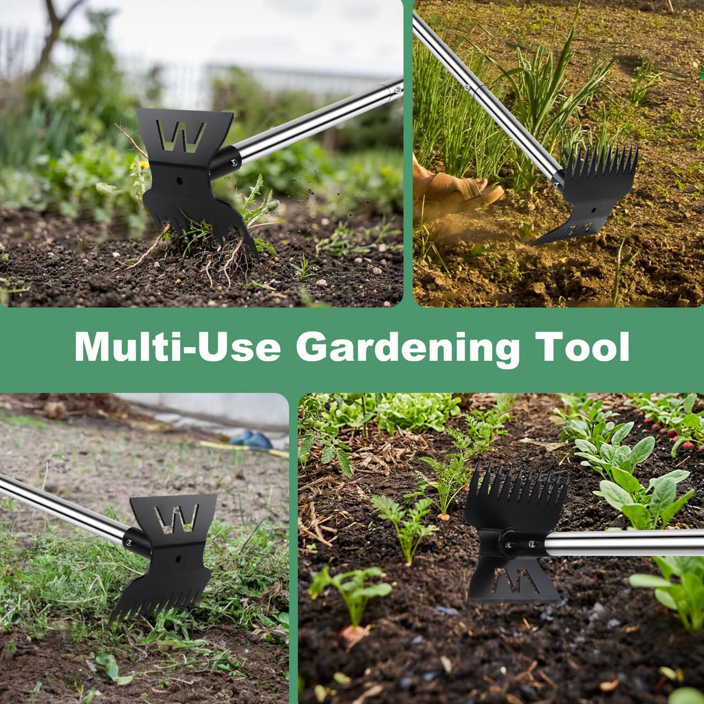 Larger Weed Puller Tool with Long Handle, 2-in-1 Heavy Duty Weed Rake & Hoe