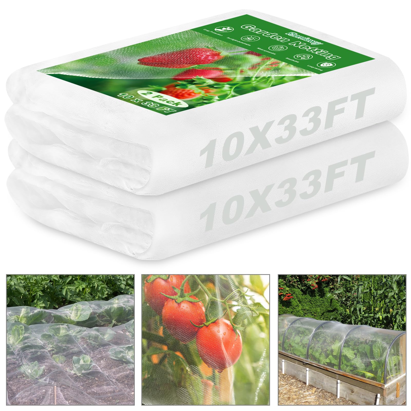 Remiawy Garden Netting, 2 Pack 10 x 33 FT Ultra Fine Garden Mesh Netting for Plants, Gardening Raised Bed Barrier Row Cover Protection Screen for Fruits Flowers Vegetables from Birds Animals Deer