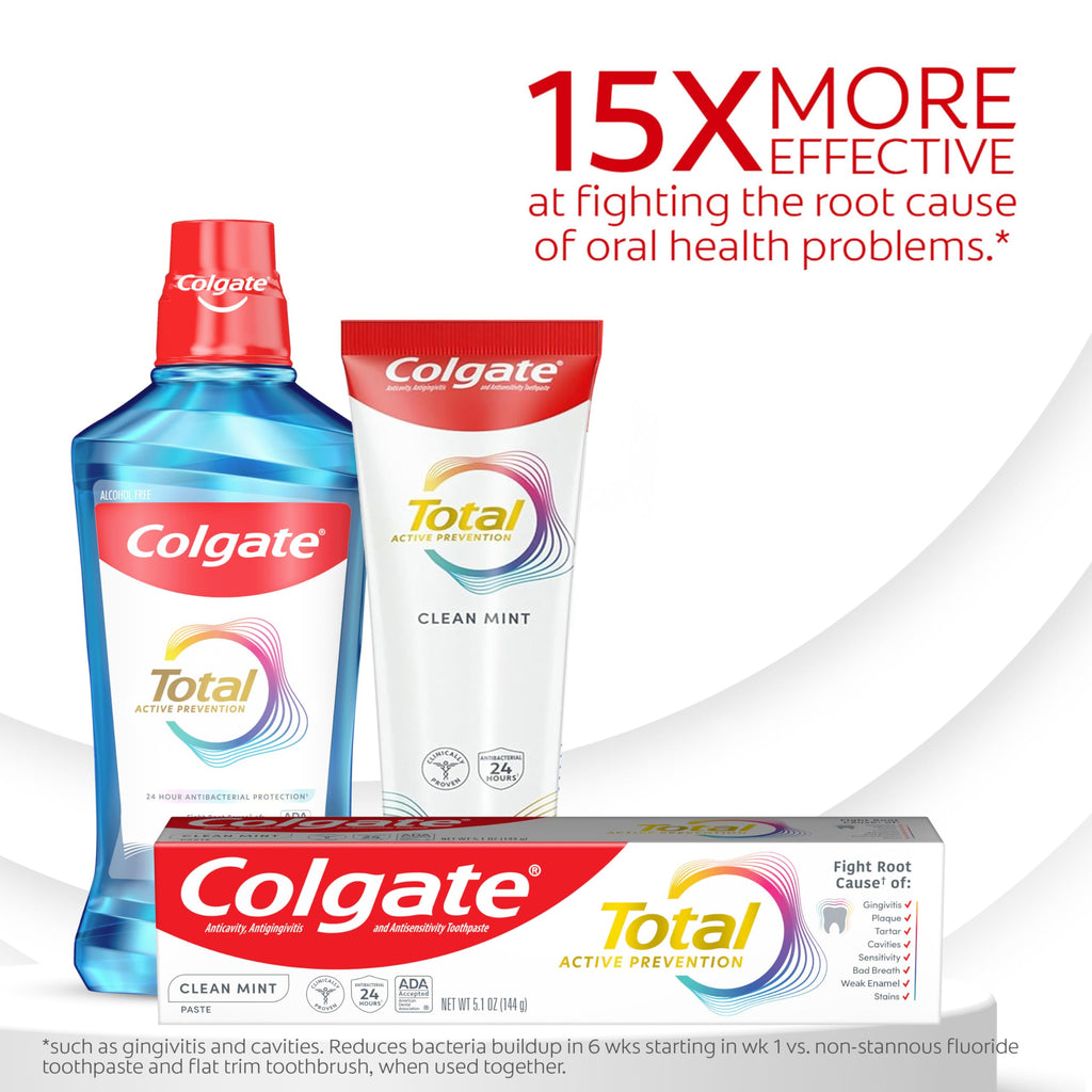 Colgate Total Active Prevention Clean Mint Toothpaste, Anticavity Fluoride Toothpaste, Clinically Proven Formula That Fights Plaque Bacteria, Mint, 4 Pack, 5.1 oz