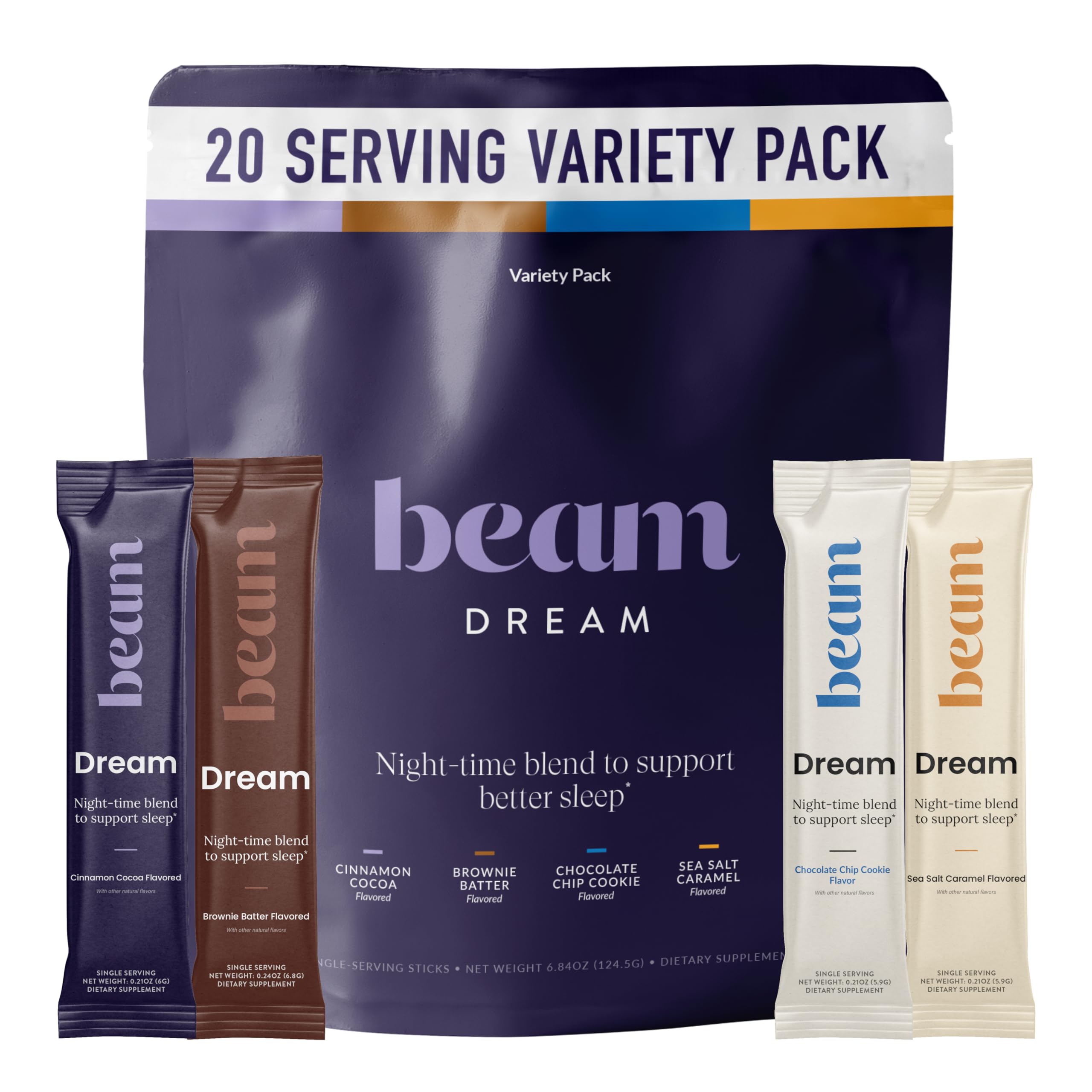 Beam Dream Sleep Powder – Sleep Aid for Adults with Melatonin, Magnesium, L-Theanine, Reishi Mushroom & Apigenin Sleep Supplement, Sleepy Cocoa Bedtime Drink Mix, Variety Pack, 20 Servings