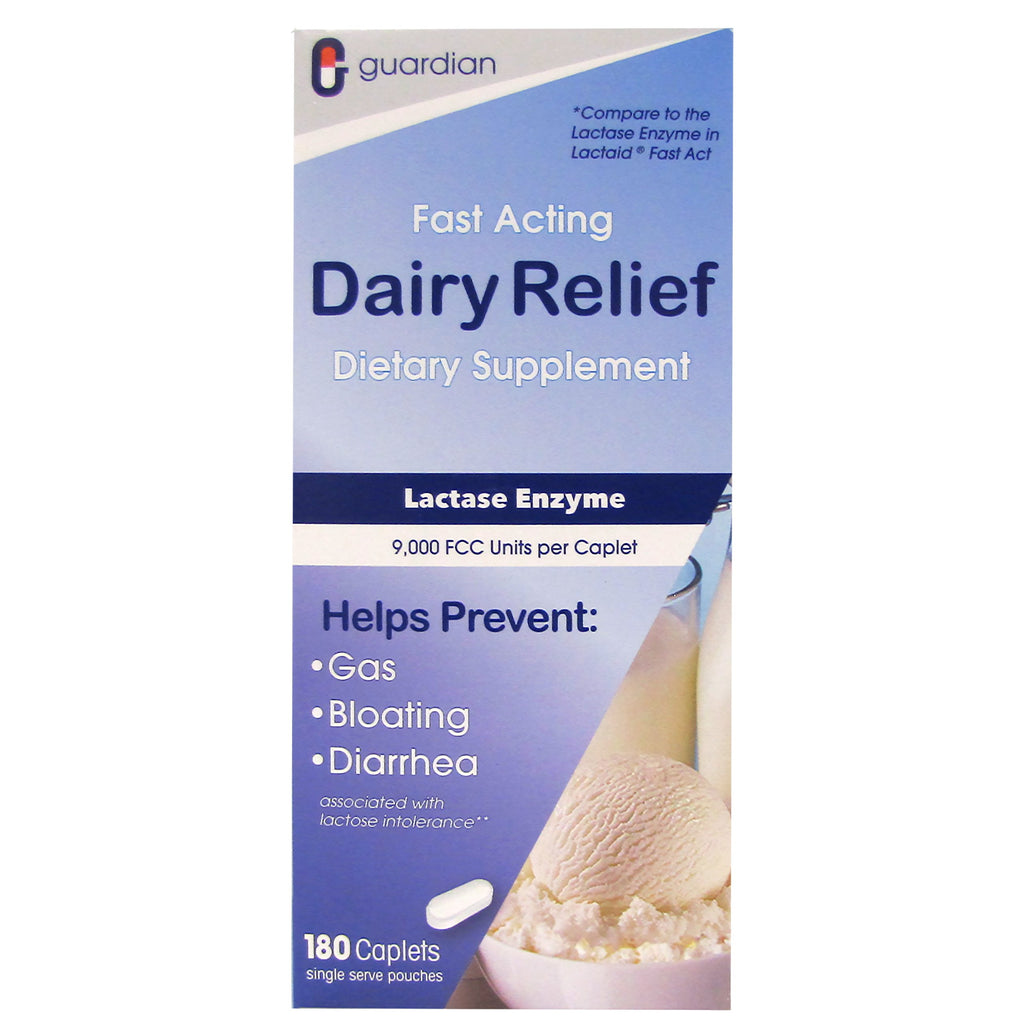 guardian Dairy Relief Fast Acting Lactase, 360 Caplets, 9000 FCC Maximum Strength, Lactose Intolerance Pills, Lactase Enzyme Supplement (360 CT)