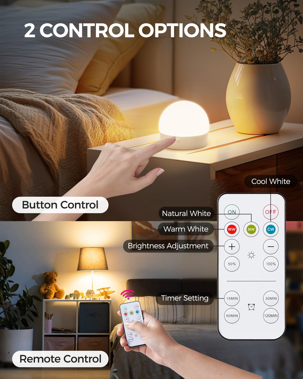 GOEBLESON Rechargeable Light Bulbs with Remote Control 2 Packs, Battery Operated Light Bulbs with Timer & 3 Color Temperature, Detachable Wireless LED Bulb for Lamp, E26 Base, Non-Hardwired, W01YBP206