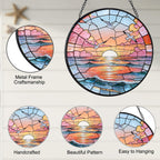 Hanging Stained Glass for Windows,20cm/7.87inch Sea Sunrise Stained Glass Suncatcher with Chain Garden Diamond Glass Panel Hangings Decoration for Home Decor Gifts for Family Friends Colleagues