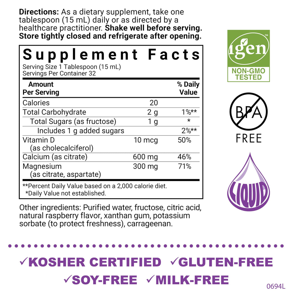 Bluebonnet Bluebonnet Nutrition Liquid Calcium Citrate Magnesium Citrate, Vitamin D3, Bone Health, Gluten Free, Soy free, milk free, kosher, 32 Servings, Raspberry Flavor, 16 Fl Oz (Pack of 1)