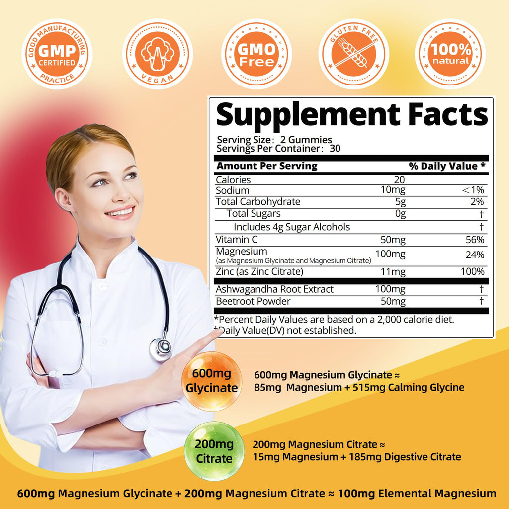 DREAVIO 90 Count Magnesium Glycinate Gummies w/Ashwagandha Supplement - Sugar Free Zinc Magnesium Glycinate Supplement Ashwagandha Gummies for Adults Orange Flavor