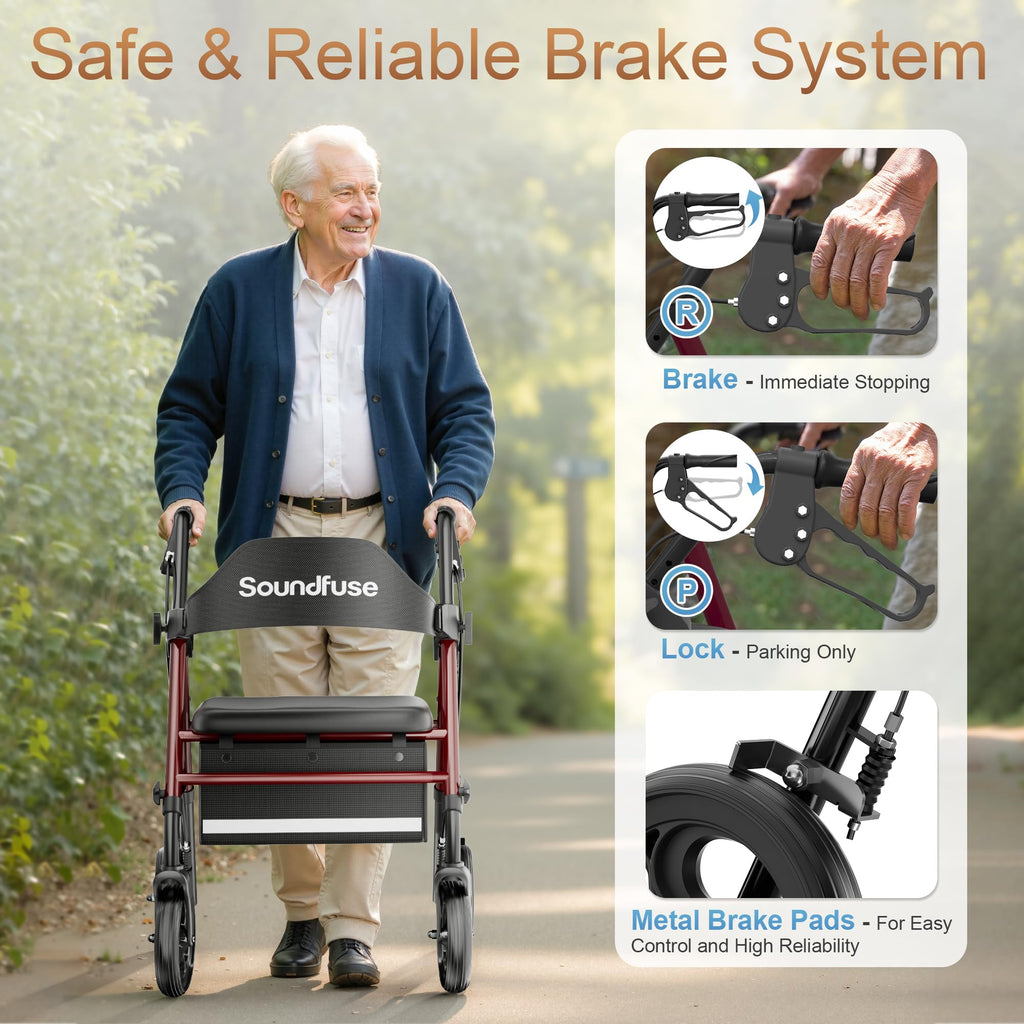 Soundfuse Rollator Walkers with Seat for Seniors, Foldable 8" Big Wheels All Terrain Rolling Walker, Handles and Ergonomic Seat Height Adjustable, 350 lb