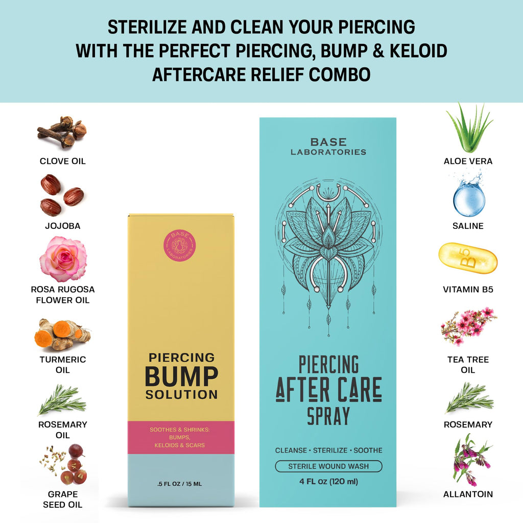 BASE LABORATORIES Piercing Aftercare Kit: Keloid & Piercing Bump Solution Oil(15ml) + Piercing Aftercare Spray (4oz) - for Keloid Bump Removal & Cleansing Soothing Piercings Before & After