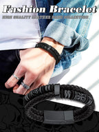 Bestyle Lucky Viking Celtic Bracelet Black Bracelet for Men Double Layer Black Leather Cuff Bracelet, Fashion Punk Retro Men Wristband Leather Bracelet Great Gift for Father Husband, 21cm/8.3 Inch