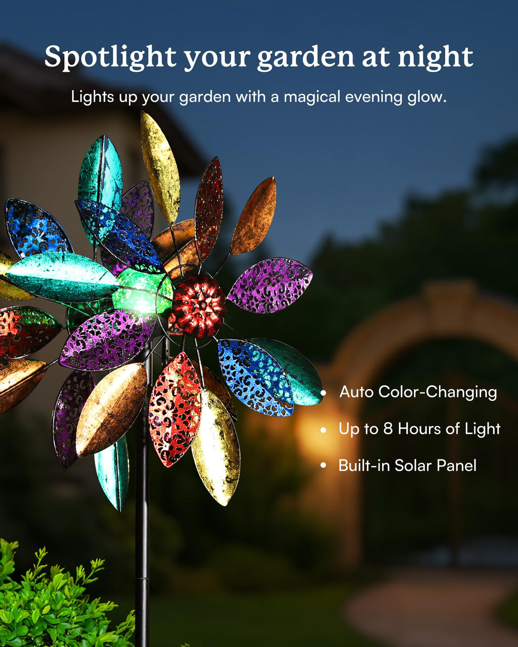 Cyan Oasis Solar Garden Wind Spinners with Light, Metal Yard Wind Spinners with Stake for Outdoor Lawn Decor (20" W x 77" H)