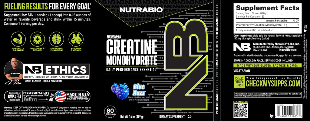 NutraBio Pure Micronized Creatine Monohydrate Powder Supplement, Blue Razz (300 g) - Supports Bulk Muscle Energy, Recovery, and Strength - HPLC Tested Creatine Powder Supplement for Men and Women
