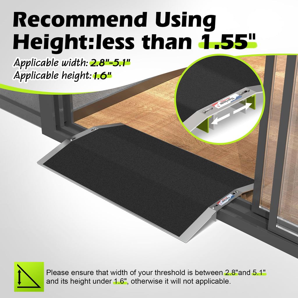 Nuvium 27.6"L×1.6"H Bridge Threshold Ramps for Doorways, Fits 2.8–5.1" Wide Thresholds with Adjustable Support Bars, Non-Slip Aluminum Wheelchair Ramps for Home Steps, Sliding Door Ramp for Wheelchair