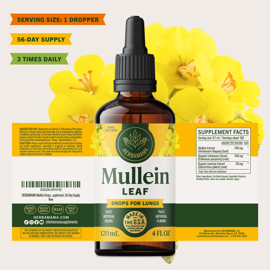 HERBAMAMA Mullein Drops for Lungs - Vegan Lung Cleanse with Mullein Leaf Extract, Echinacea Tincture & Licorice - Non-GMO, Alcohol & Sugar-Free Respiratory Support Supplement - 56-Day Supply