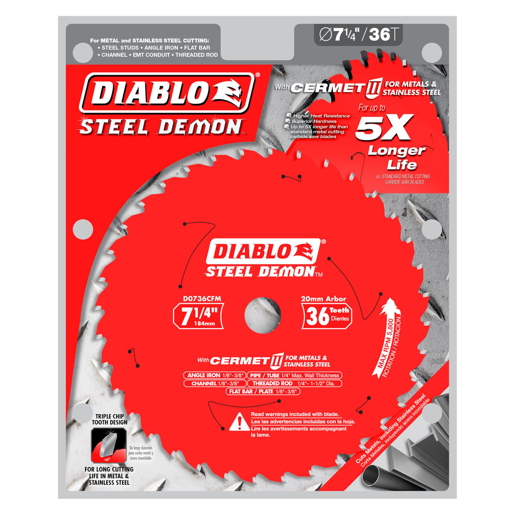 Diablo Steel Demon Cermet II Saw Blade for Thick Metal - 7" Diameter, 36 TCG Teeth, 20mm Arbor, .075" Kerf, 0° Hook Angle, .063" Plate, 5800 Max RPM - D0736CFM
