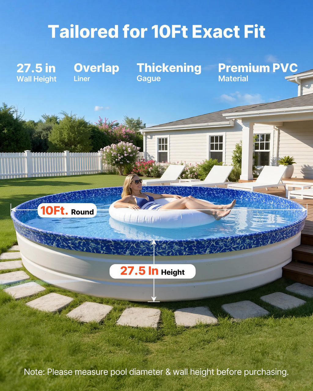 VEVOR 10 ft Round Stock Tank Pool Liner, Overlap Swimming Pool Liner for 27.5 in Wall Height, Extra Thick Heavy Gauge Vinyl, Easy Install with Leak-Proof Patches, Designed for Steel Sided Above-Ground