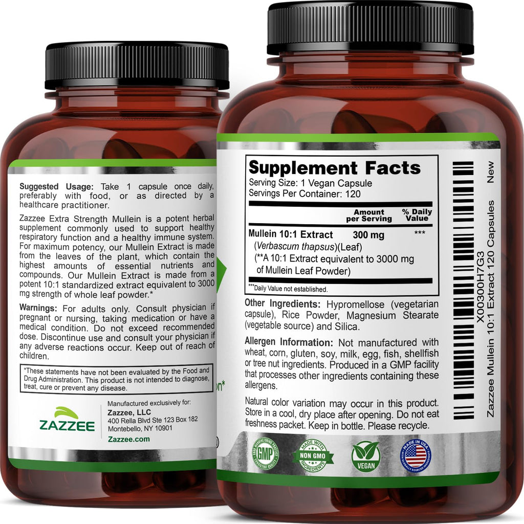 Zazzee Extra Strength Mullein 10:1 Extract, 3000 mg Strength, 120 Vegan Capsules, 4 Month Supply, Certified Kosher, Lung and Respiratory Support, 100% Pure Leaf Powder, Non-GMO, Made in The USA