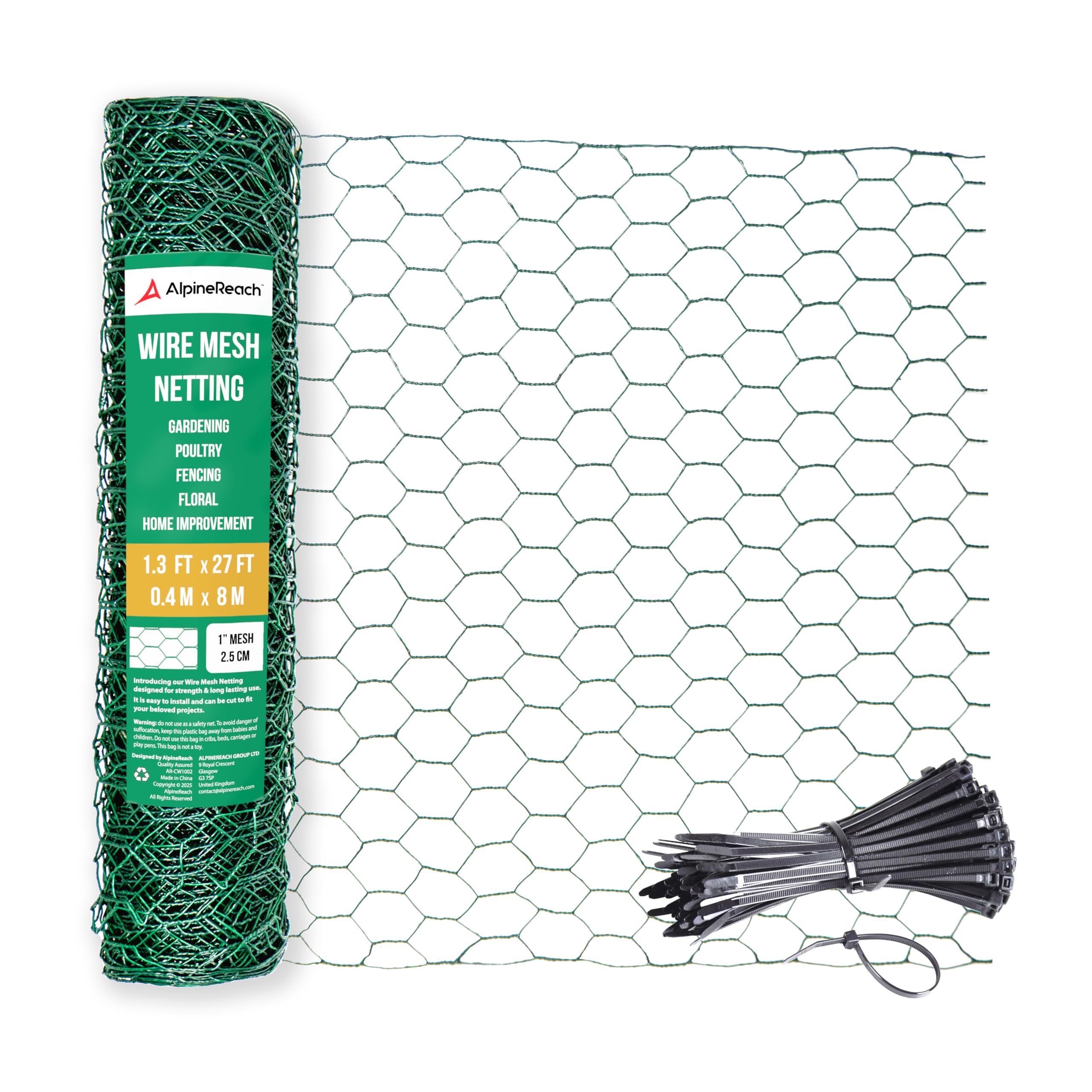 AlpineReach Chicken Wire 1.3ft x 27ft Fencing for Poultry, Crafts, Floral Arrangements, Zip Ties - Green Mesh Roll Galvanized Hexagonal PVC Coated Garden Netting for Gardening Fence (15.6" x 324")