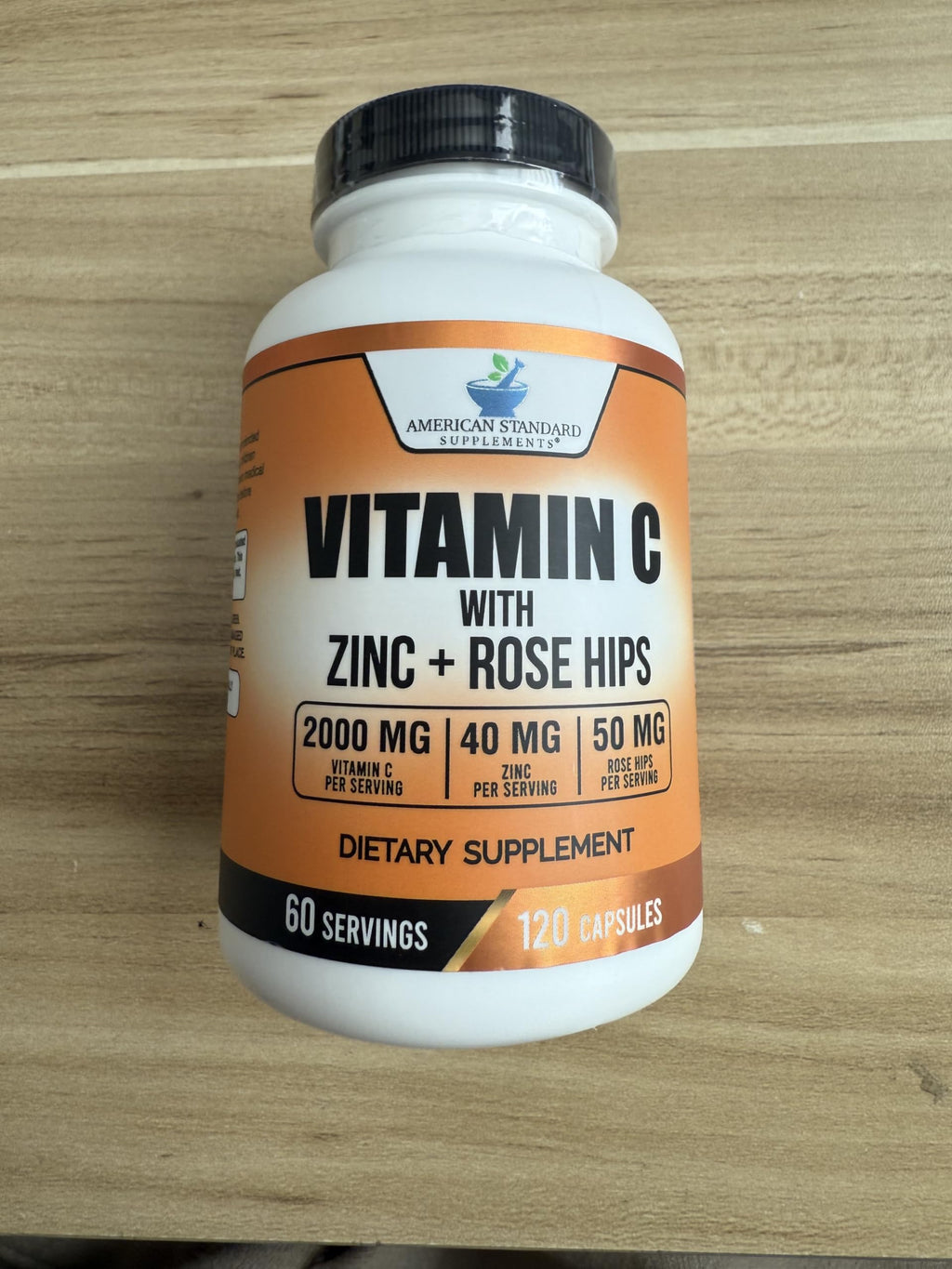 American Standard Supplements Vitamin C 2000mg, Zinc 40mg, and Rose HIPS 50mg Per Serving, Vegan, Gluten Free, Non-GMO (120 Count)