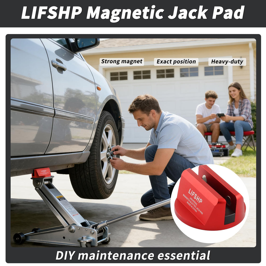 LIFSHP Universal Aluminum Grooved Magnetic Jack Pad, Jacking Puck Pinch Weld Frame Rail Adapter, for Car SUV Truck Pickup Sedan MPV Wagon, Change Tire Repair Tires Oil Change Must Have-Red