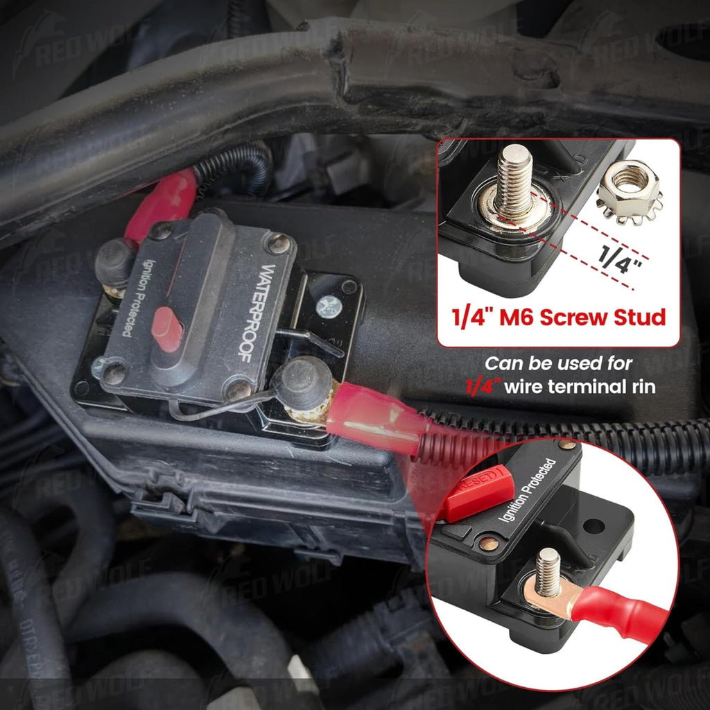 RED WOLF 50A Amp Circuit Breaker for Boat Trolling Motor Marine ATV Vehicles Stereo Audio Battery Solar System Inline Fuse with Manual Reset Switcher DC 12V-48V