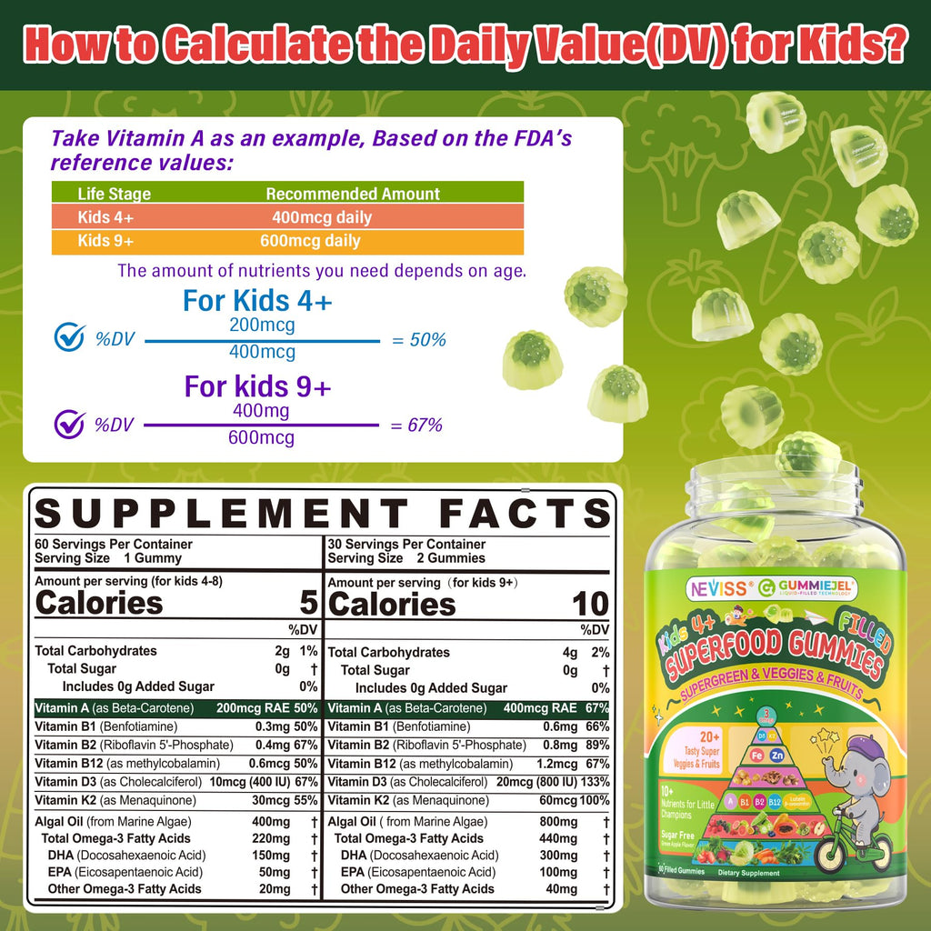 NEVISS Kids 4+ & Teens Super Greens 40-in-1 Gummies w/Multivitamin, Omega3 Iron, D3K2, Picky Eater Organic Super Fruits Veggies Superfood Gummy, Mushroom, Lutein | Immune Bone Brain Energy, Sugar Free