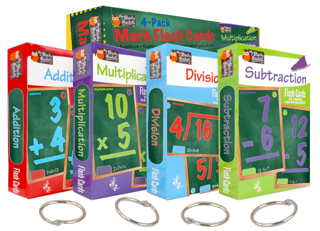 Regal Games Math Flash Cards for Multiplication, Division, Addition and Subtraction - 1st, 2nd, 3rd Grade Math & More - Flash Cards w/ 4 Binder Rings for Kids (208 Cards - 4 Packs)