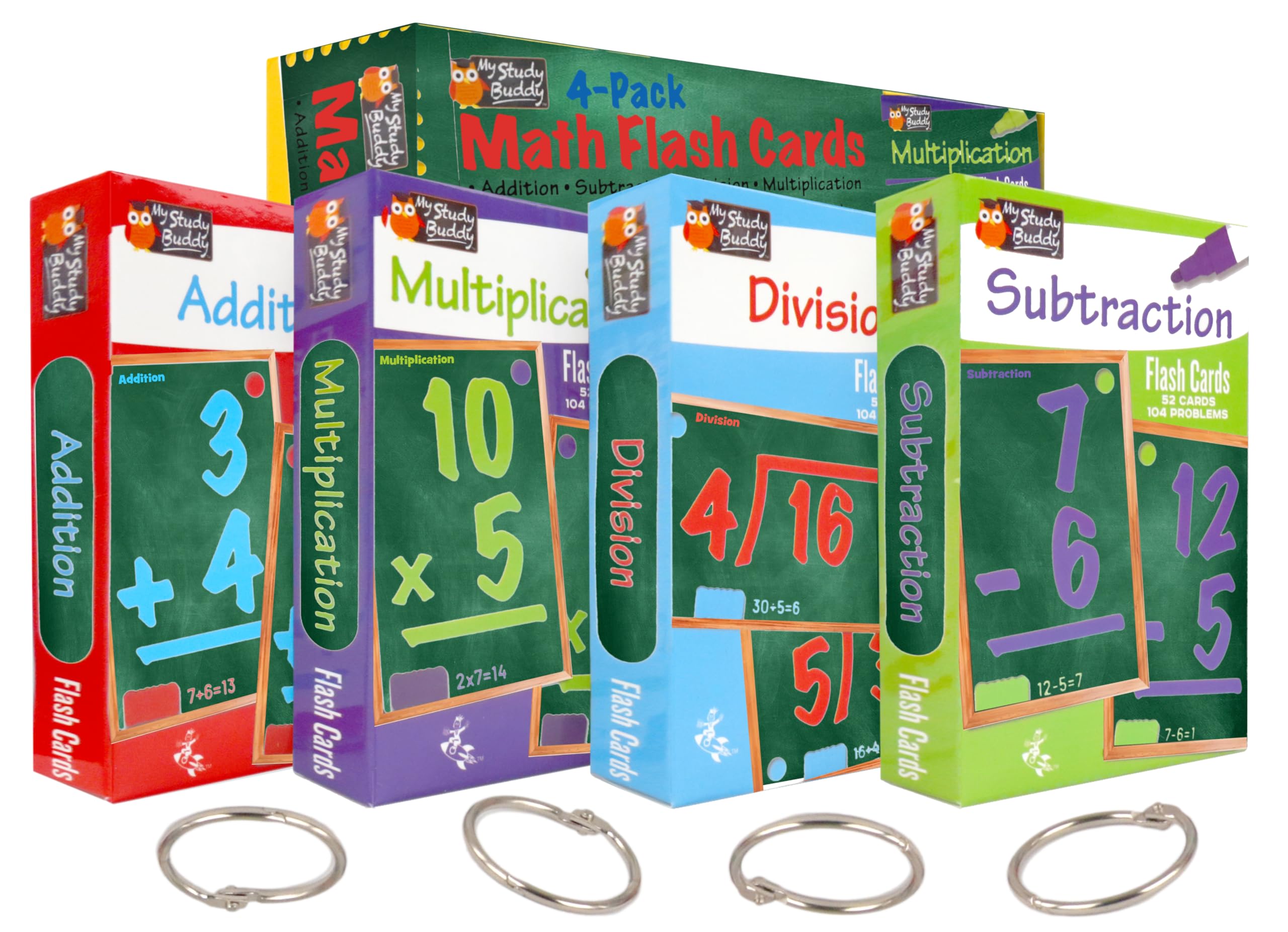 Regal Games Math Flash Cards for Multiplication, Division, Addition and Subtraction - 1st, 2nd, 3rd Grade Math & More - Flash Cards w/ 4 Binder Rings for Kids (208 Cards - 4 Packs)