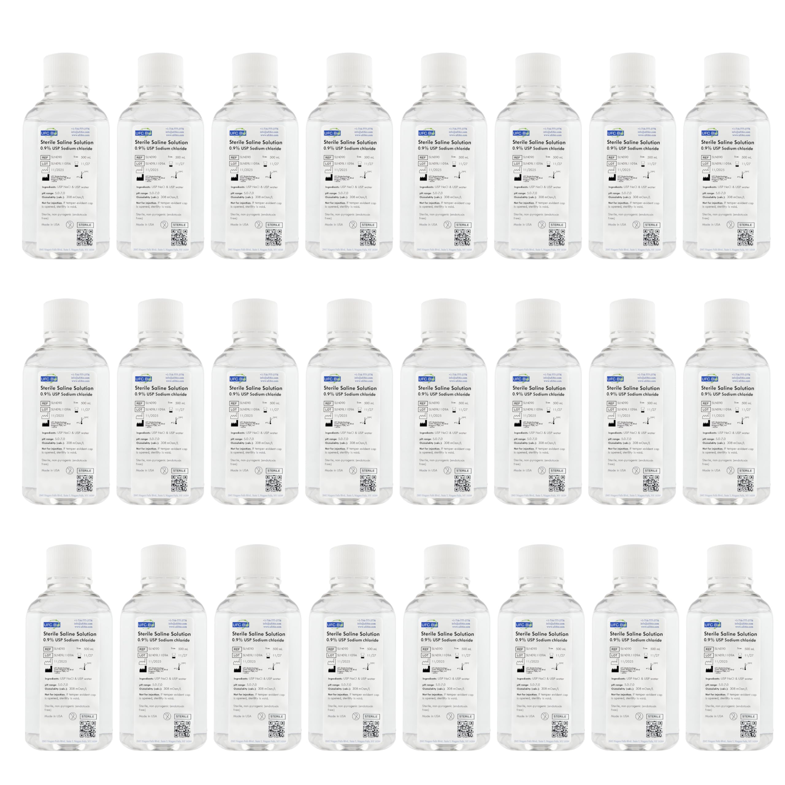 UFC Bio 0.9% Normal Saline Solution - Sterile USP Sodium Chloride - Made in USA - 500 mL - (24 Pack - 12000 mL Total)
