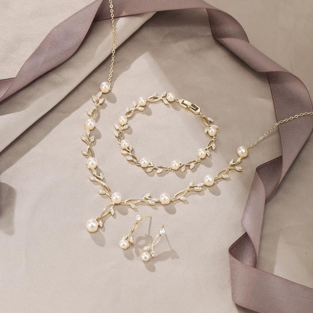 EVER FAITH Cubic Zirconia Pearl Leaf Wedding Jewelry Set for Bride Gold