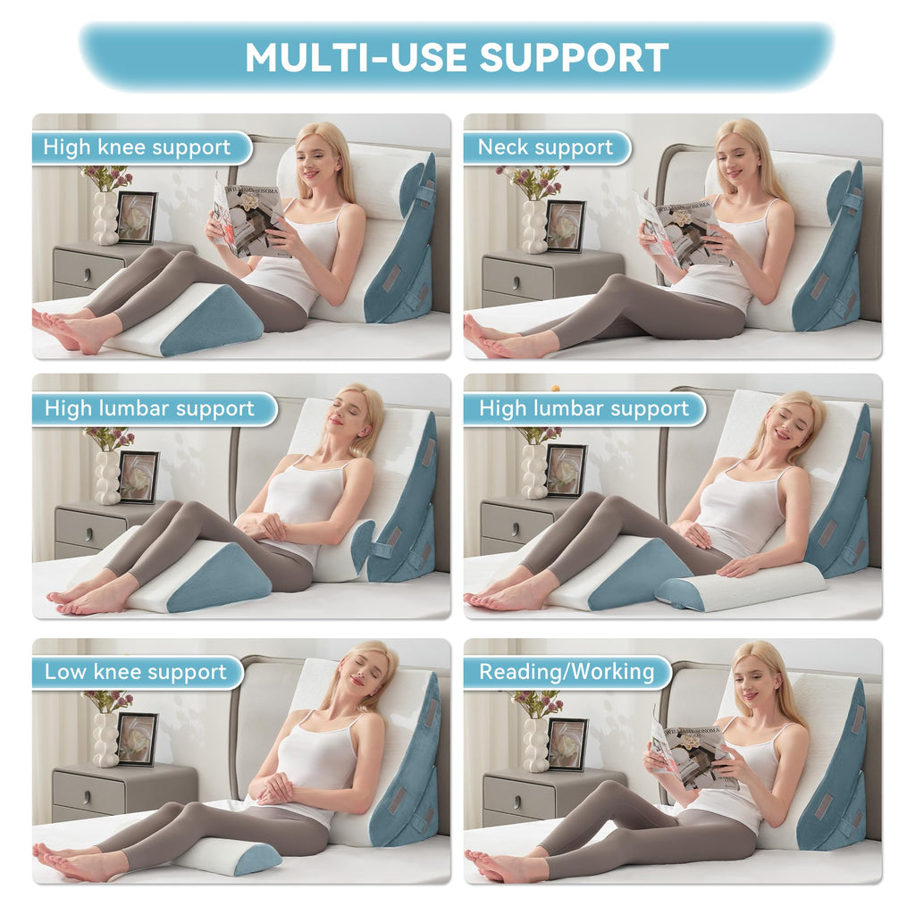 Kingfun 4PCS Orthopedic Bed Wedge Pillow Set for Headboard, Post Surgery Memory Foam Support Pillows for Back, Neck and Leg Pain Relief, Adjustable Triangle Pillow - Acid Reflux, Anti Snoring & GERD