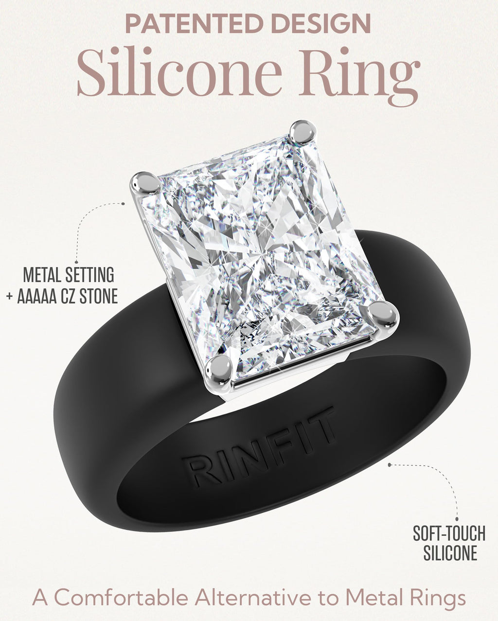 Rinfit Silicone Ring with Stone, Emerald Cut CZ - Blck/Sil, Size 7