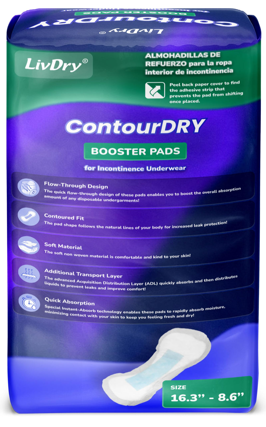 ContourDry Booster Pads XL by LivDry, Adds Max Absorbency to Adult Diapers with Flow-Through Design, Up to 4 Cups Capacity, More Coverage for Women and Men, 20 Count