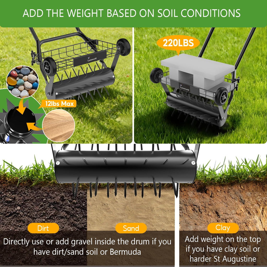 Lawn Aerator Tool, Heavy Duty Manual Lawn Aerators with Dual Weight Up to 100 lbs, Yard Aerator Lawn Tool with 39 Spikes, Grass Aerator for Lawn Care