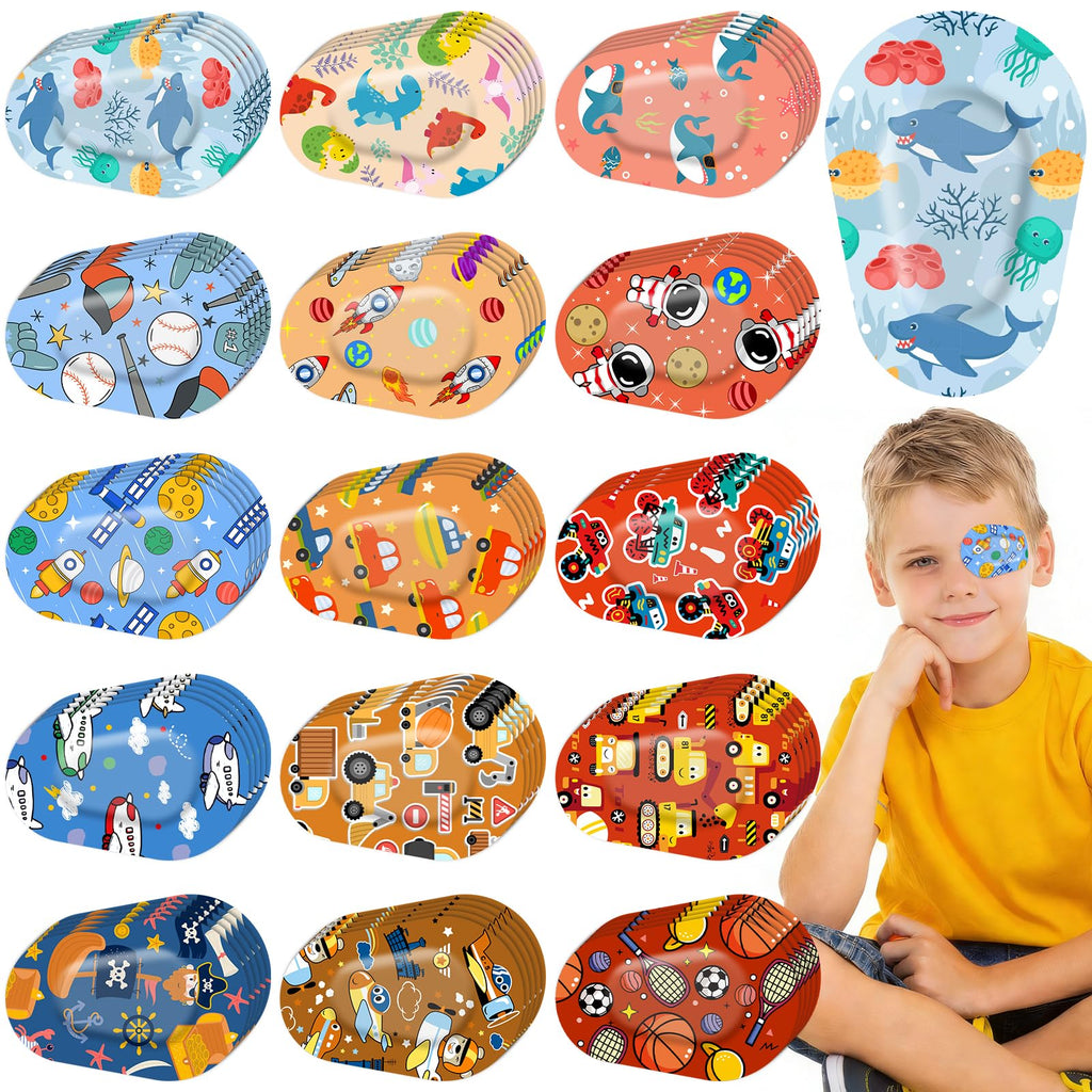 75 Pcs Adhesive Eye Patches for Kids Boys, 15 Cute Styles, 3 x 2 Inch Latex Free Breathable Cotton Adhesive Eye Patch for Amblyopia Lazy Eye, Light Blocking Disposable Eye Pad for Toddler Boys