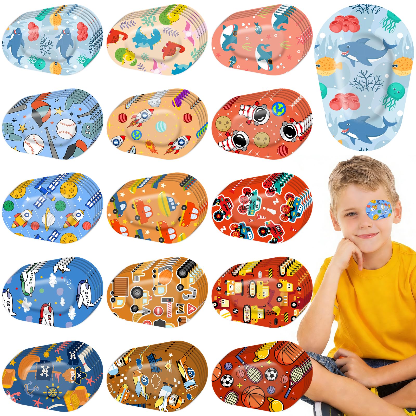 75 Pcs Adhesive Eye Patches for Kids Boys, 15 Cute Styles, 3 x 2 Inch Latex Free Breathable Cotton Adhesive Eye Patch for Amblyopia Lazy Eye, Light Blocking Disposable Eye Pad for Toddler Boys