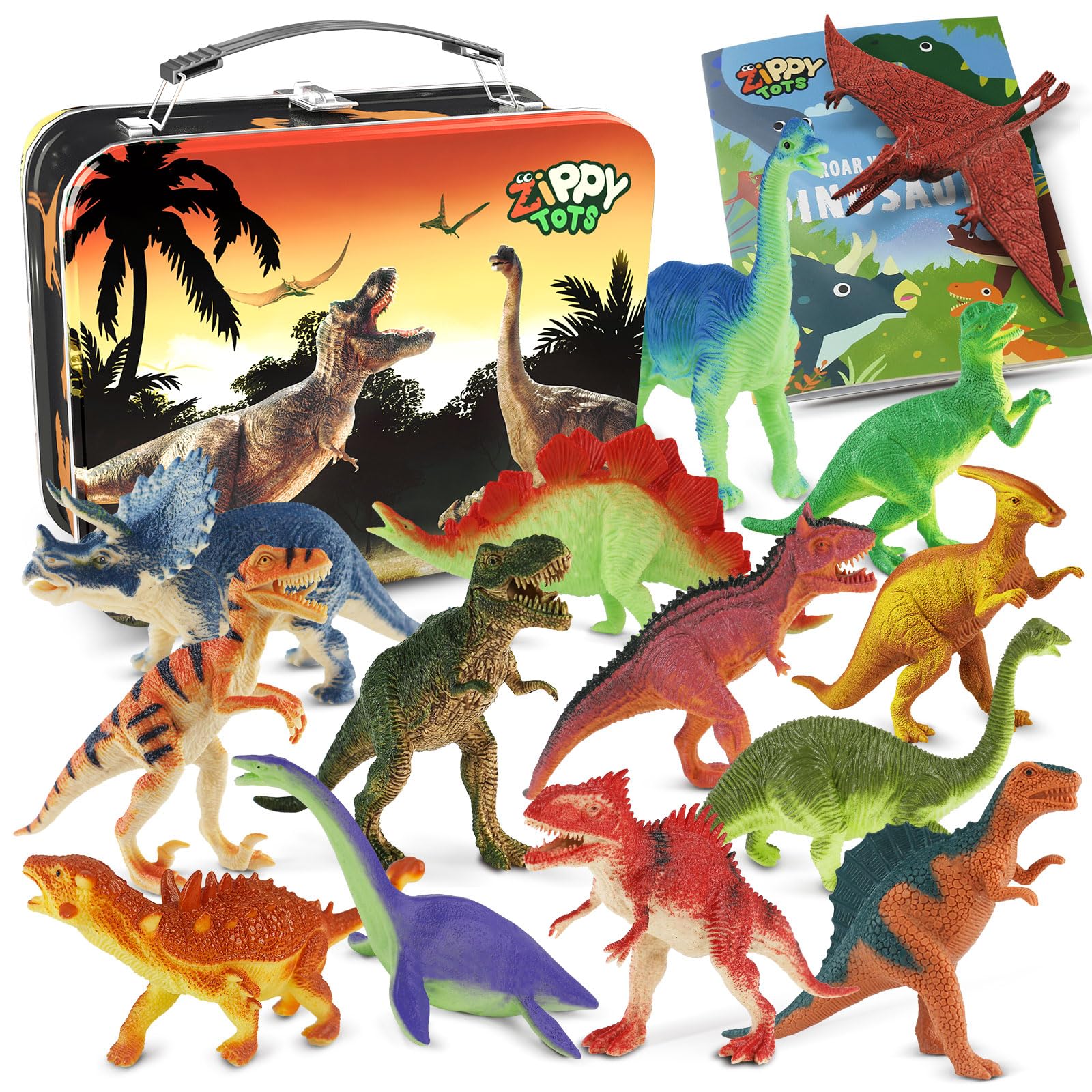 Zippytots Dinosaur Toys for Kids 3-5 5-7 - 14 Realistic Plastic Dinosaur Figures Set with Storage Box & Learning Booklet - Educational Dino Figure Toys for Boys Girls Toddlers