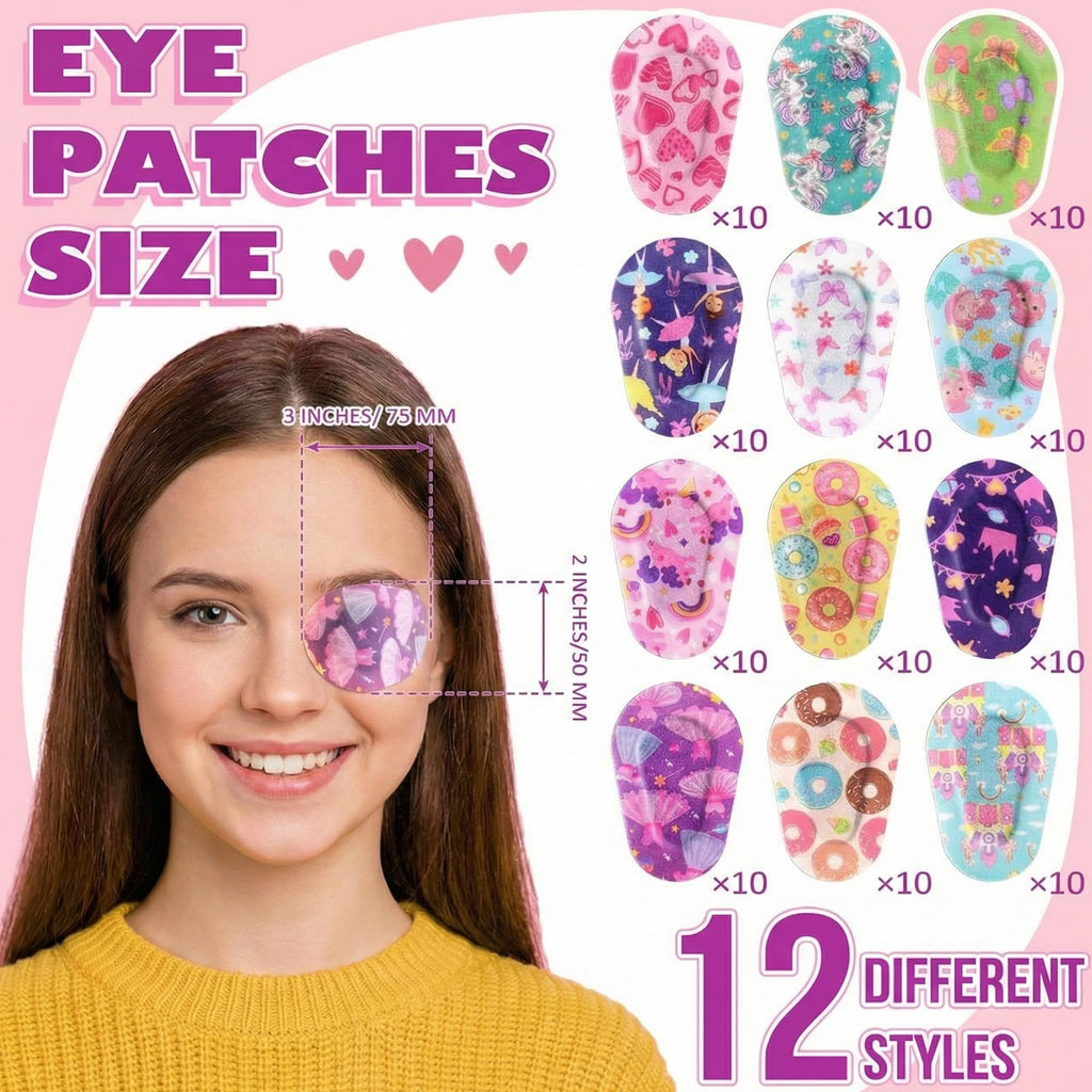 Panelee 120 Pcs Adhesive Eye Patches for Kids Girls Toddler Eye Patches Bulk Breathable Material, Light Blocking Cotton Colorful and Fun Designs Adhesive Bandages for Girls, 12 Styles