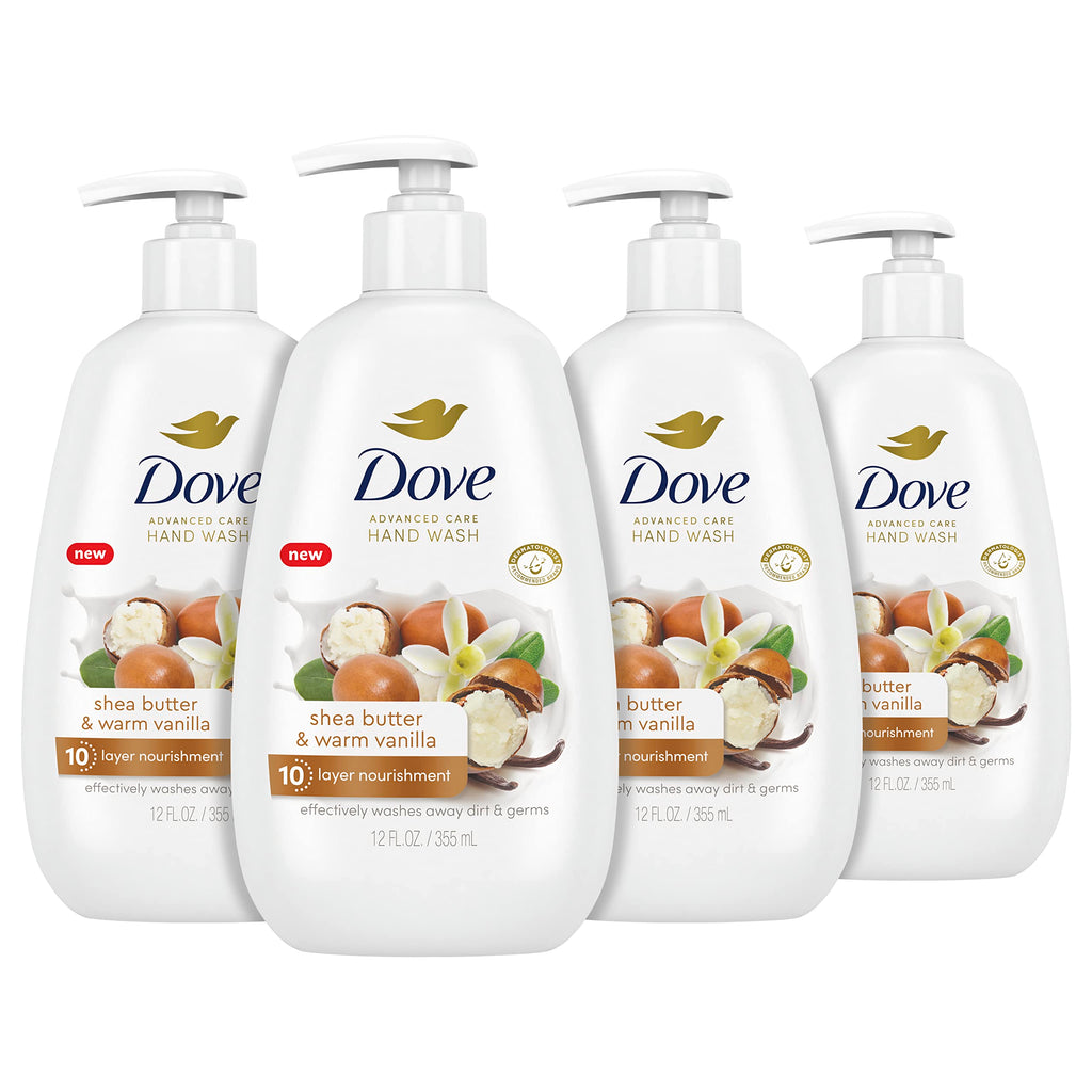 Dove Advanced Care Hand Wash Shea Butter & Warm Vanilla 4 Count for Soft, Smooth Skin, More Moisturizers than the Leading Ordinary Hand Soap, 12 oz