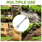 REILEIHODE Pitch Fork, 46 inch Garden Fork with Metal 4 Tines & Ergonomic D Handle, Heavy Duty Pitchforks for Gardening Digging Composting Soil Loosening
