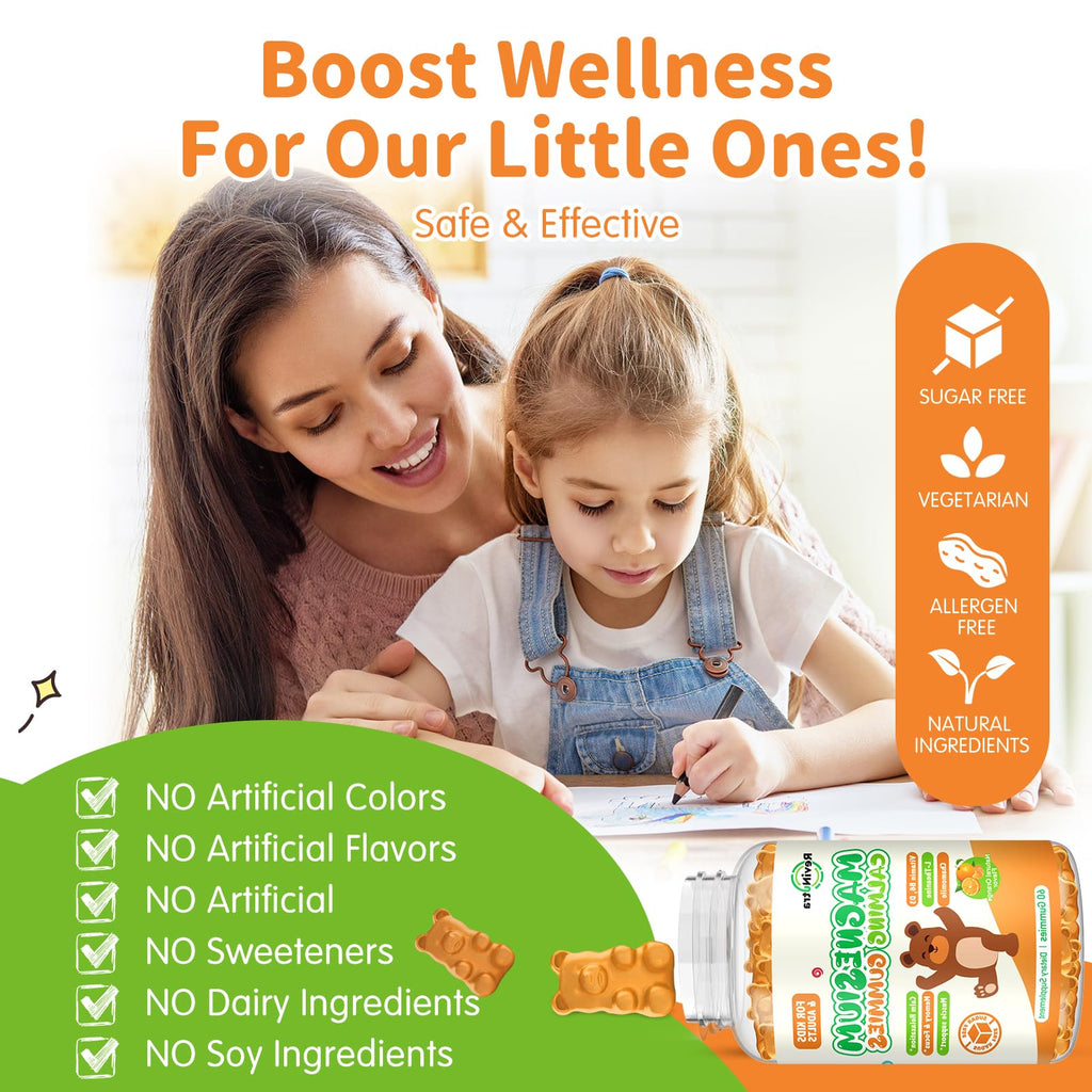 Magnesium Gummies for Kids - Magnesium Glycinate Gummies Supplement with L-Theanine, Vitamin B6, D3 for Adults & Kids, Calm Magnesium for Sleep, Relaxation, Brain, Bones, Sugar Free Orange 60ct