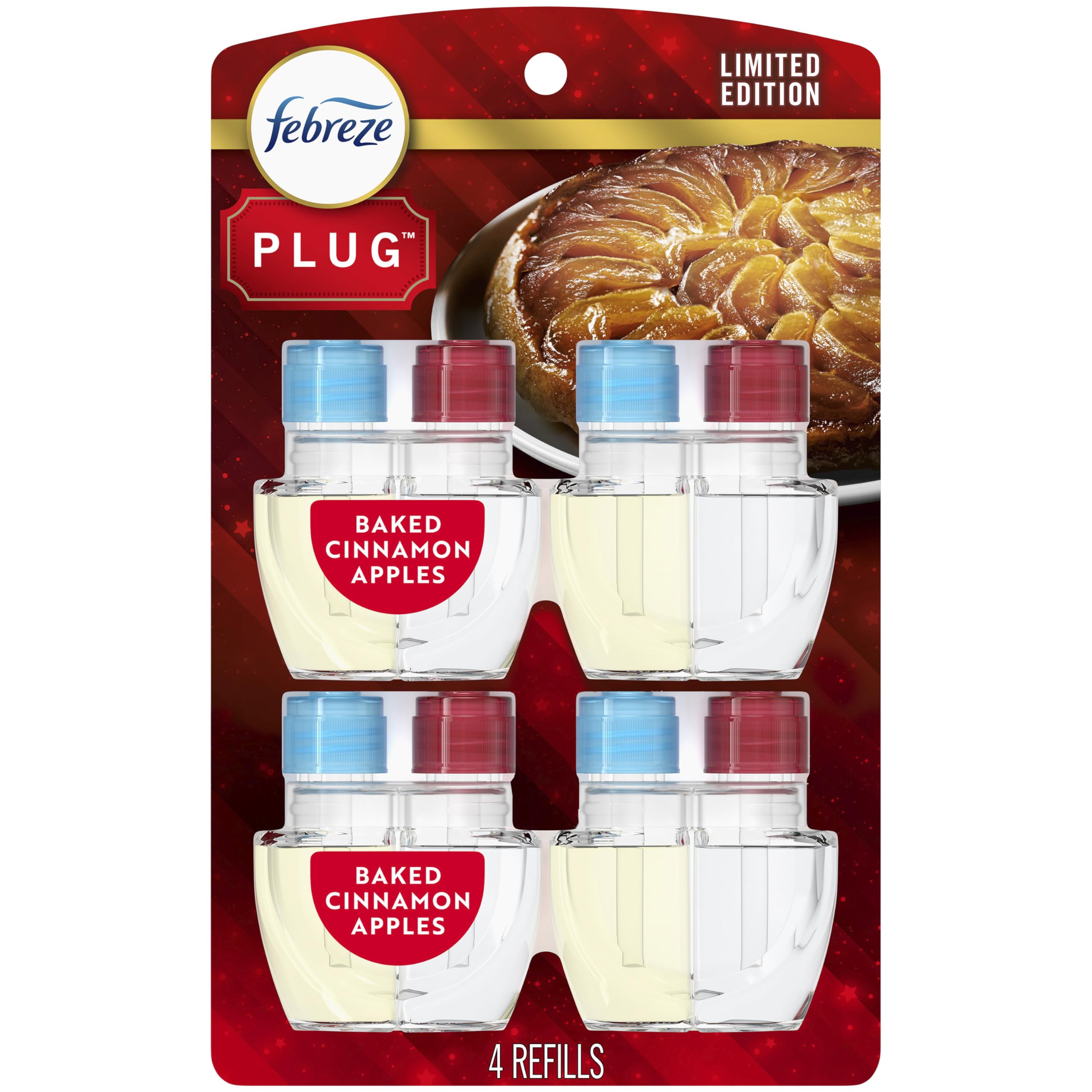 Febreze Plug-In Air Freshener, Odor-Fighting Scented Oil Refill for Home, Bathroom & Kitchen, Holiday Baked Cinnamon Apples Scent, 0.87 oz Refills, 4 Count