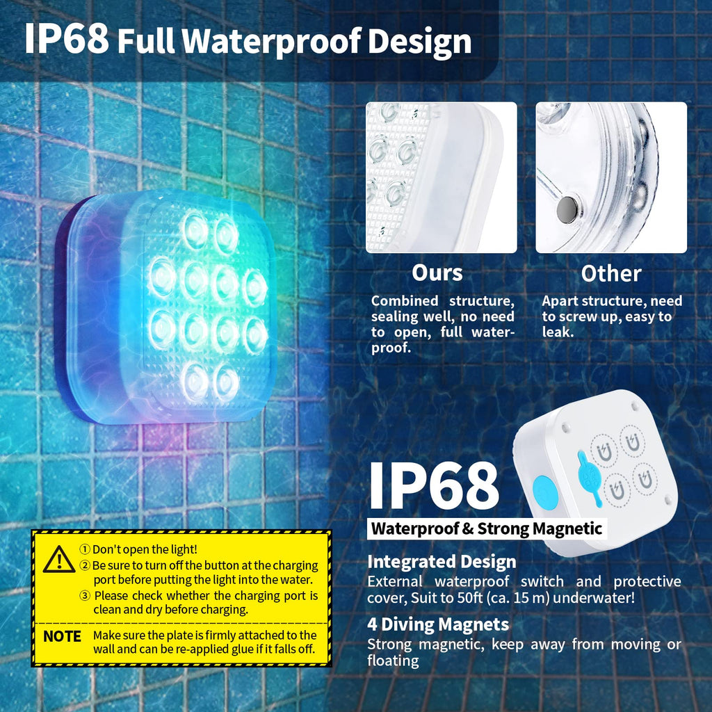 Homly Rechargeable Submersible Pool Lights with Remote, Waterproof Underwater Charging Battery Operated Controlled 16 Color Changing LED with Magnet Floating Lights Pool Pond Decoration 2 Pack