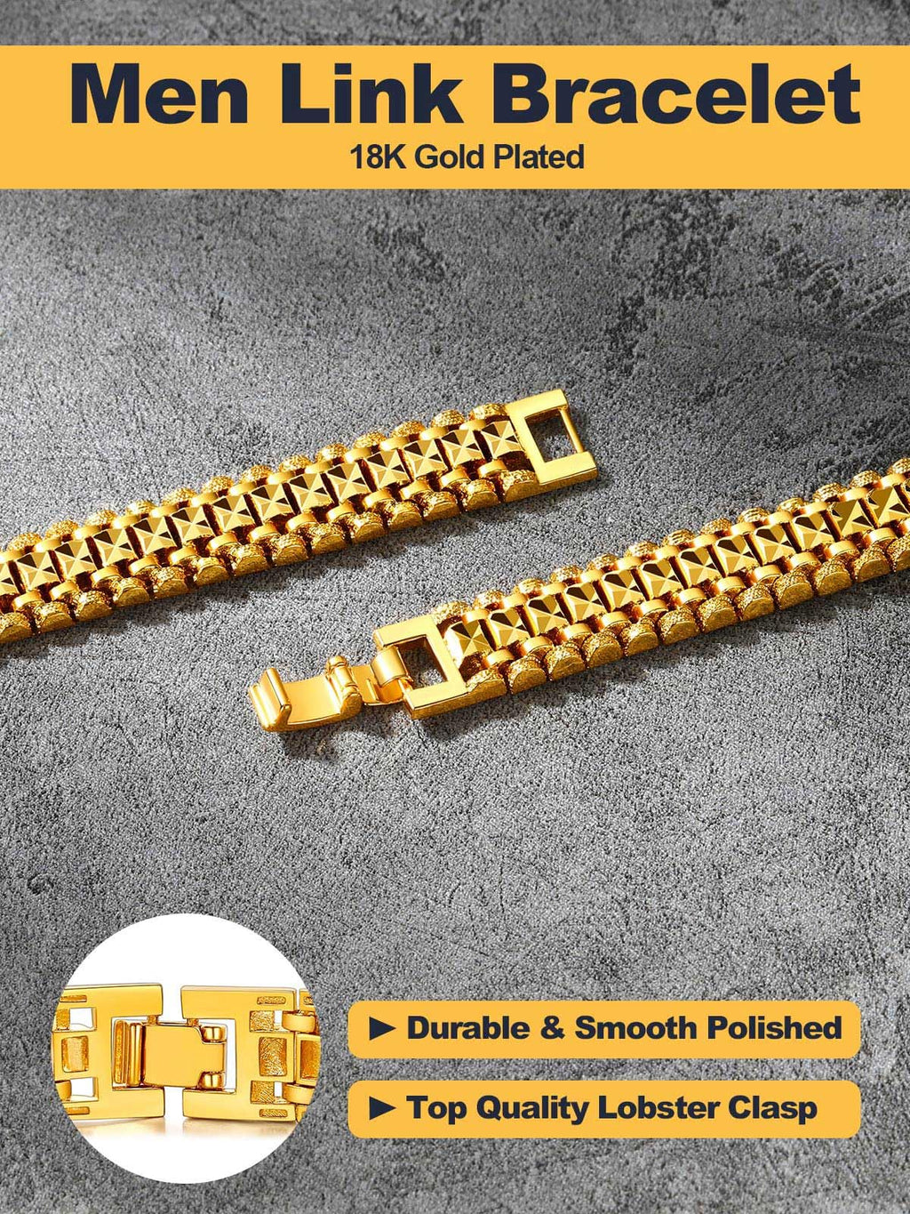 U7 Gold Bracelet for Men，14K Yellow Gold Plated Solid Mens Bracelet 12mm