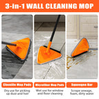 JEHONN Wall Mop with Long Handle 80 inches, Upgraded 180° Collapsible Baseboard Cleaner Tool with Squeegee, Ceiling Duster with 3 Microfiber and 3 Chenille Pads for Cleaning Window, Cabinet (Orange)