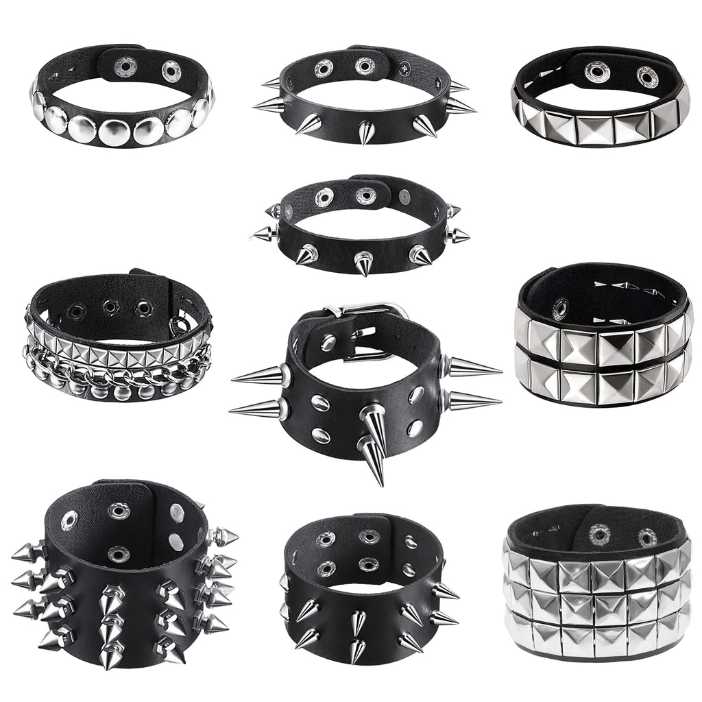 10 Pieces Studded Bracelet, Emo Spiked Bracelets Y2k Black Leather Rivet Punk Bracelet Rock Cuff Goth Bracelets Punk Accessories Halloween for Men Women