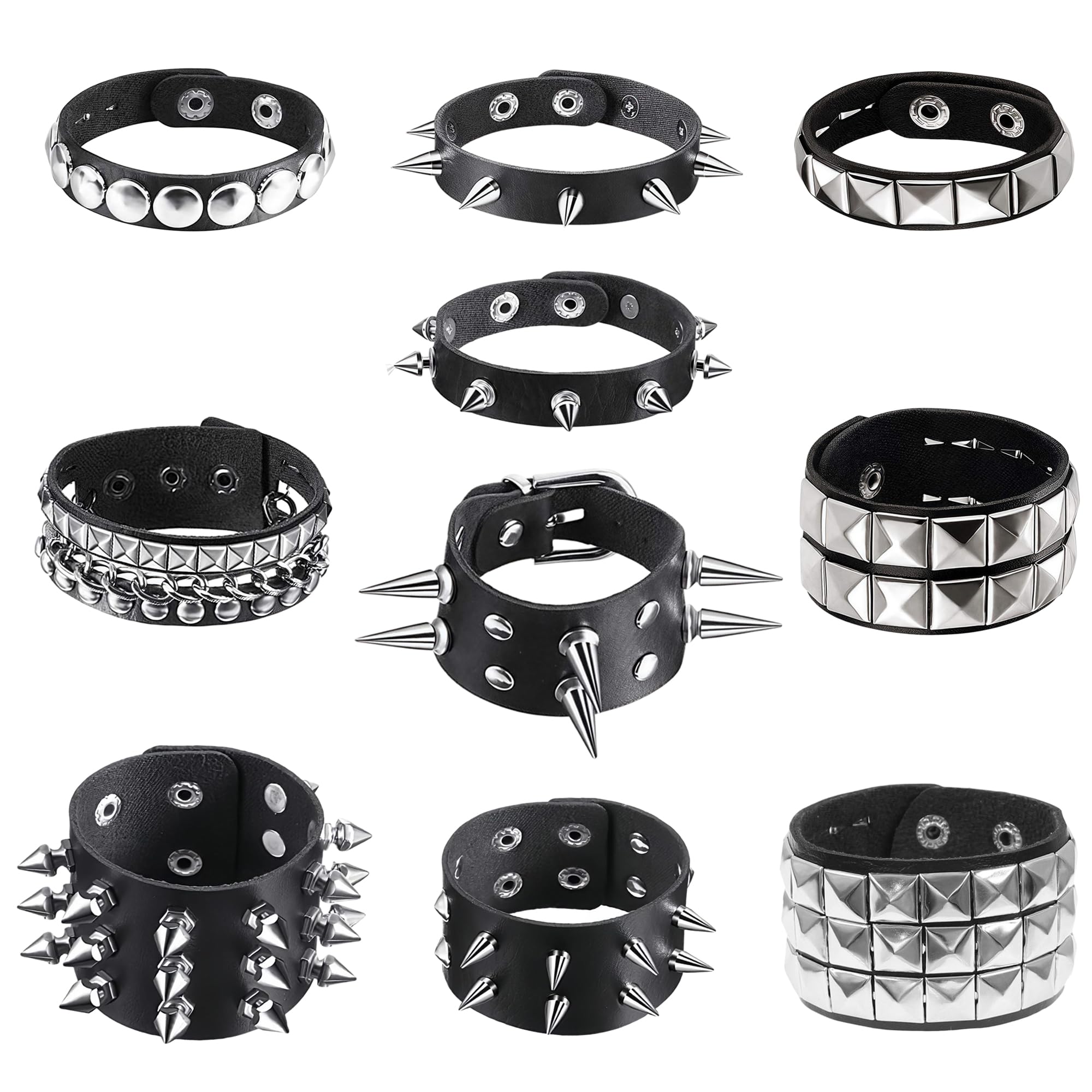10 Pieces Studded Bracelet, Emo Spiked Bracelets Y2k Black Leather Rivet Punk Bracelet Rock Cuff Goth Bracelets Punk Accessories Halloween for Men Women