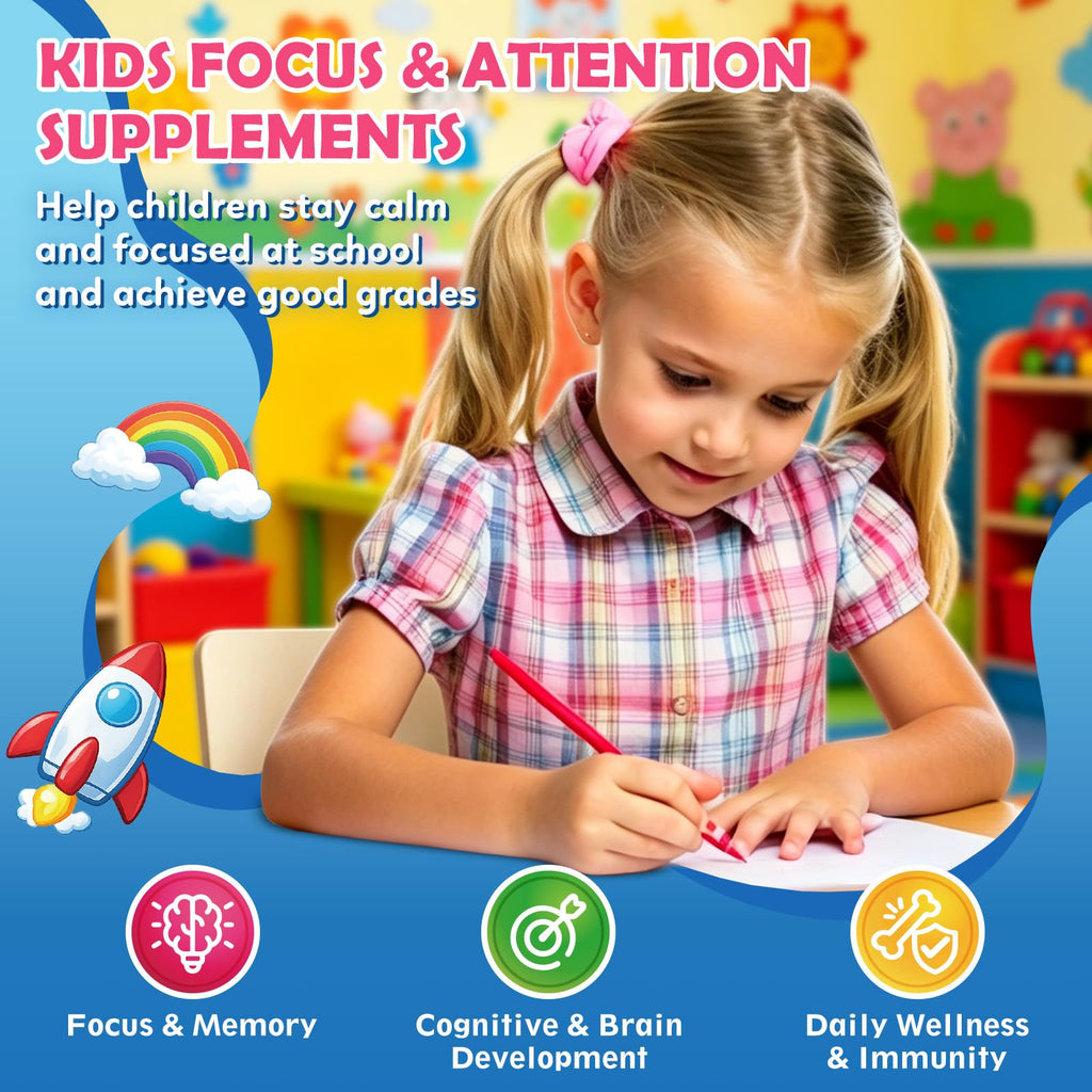 Kids Focus and Attention Supplements with Phosphatidylserine, Omega-3, Magnesium Glycinate, L-Theanine, Folate, Brain Vitamins Liquid Drops for Kids Memory, Cognitive, Sleep & Mood,Strawberry,2 Fl Oz