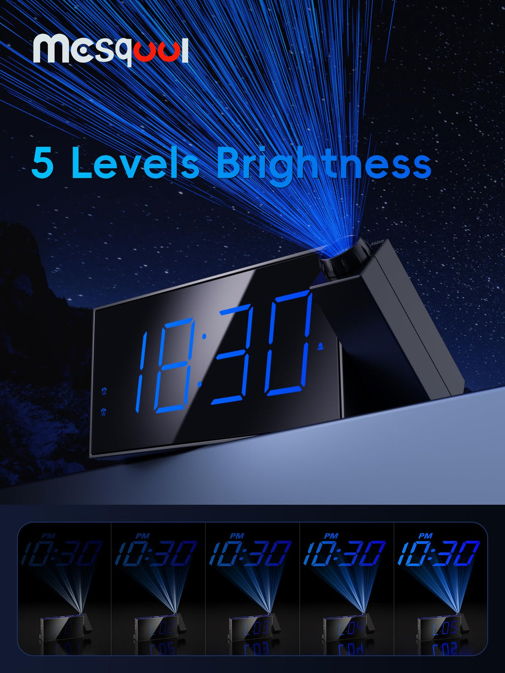 Mesqool Digital Projection Alarm Clock with Dual Alarms, 5 Levels Dimmer